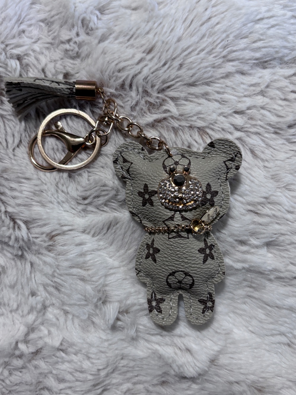 Designer-Inspired Brown Monogram Bear Keychain with Gold Hardware